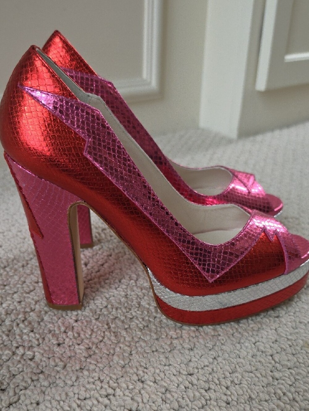 Metallic Pink and Red Block Heel Pumps with Silver Trim